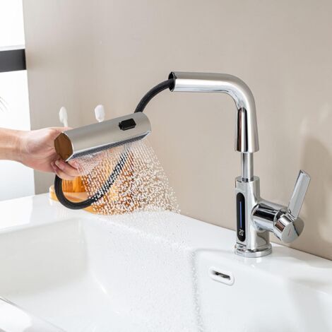 Robinet salle de bain orientable à 360° Robinet d'évier avec indicateur de température LED,lavabo à poser avec 3 types de jets d'eau extractible,mitigeur réglable en hauteur,chrome