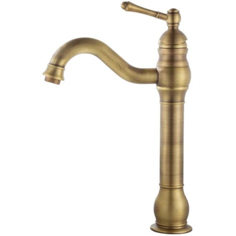 Robinet Salle de Bain Rétro Laiton Haut, Antique Mitigeur Lavabo Vasque avec bec Hauteur 220 mm, Pivotant à 360°Mitigeur Vasque Salle de Bain, Mitigeur monocommande pour salle de bain
