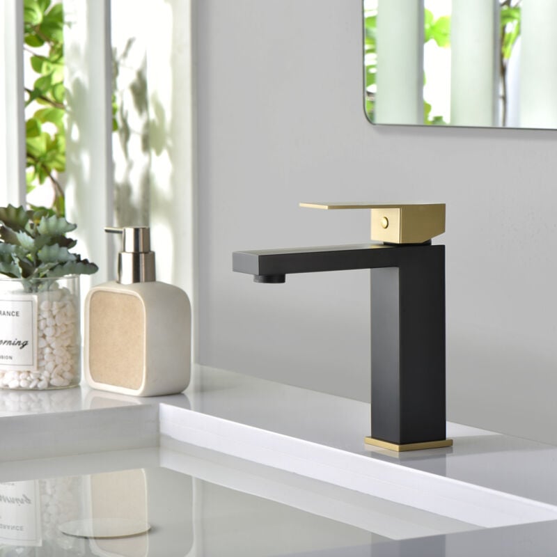 Mitigeur de Lavabo noir mat & or brossé à Levier Unique, Robinet salle bain en acier inoxydable - Sumerain