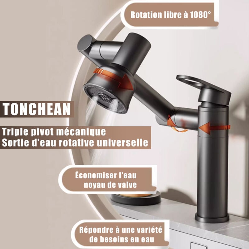 Tonchean - Robinet Salle de Bain,Mitigeur Lavabo en Cuivre avec Bec Haut Rotatif à 360°,Robinet Lavabo Vasque Eau Chaude et Froide,Robinetterie Salle