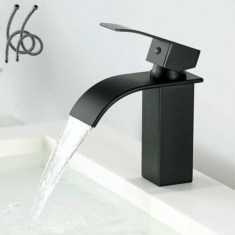 Jormftte - Robinet simple de lavabo Moderne Robinet Lavabo Noir Cascade, Design Elégant Robinet Salle de Bain, Mitigeur Salle de Bain en Laiton, Eau