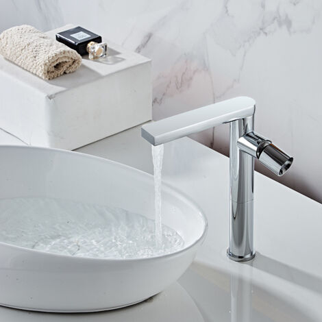 Robinet style minimaliste, robinet mitigeur lavabo à poignée unique, robinet à poser, robinet eau chaude/eau froide (argenté, haut)