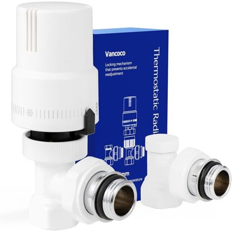 Robinet Thermostatique + Robinet de Retour Kit Complet 1/2 "(15×21), Raccord Étanche, Régulateur de Radiateur, Coude en Équerre, Blanc Intégral, Sonde Liquide, Protection Anti-Gel, Norme EN215