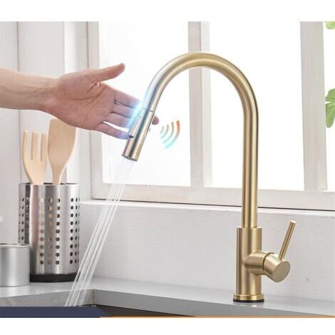 Robinets de cuisine à capteur tactile en or brossé, robinet mitigeur tactile inductif sensible, poignée unique, double sortie d'eau