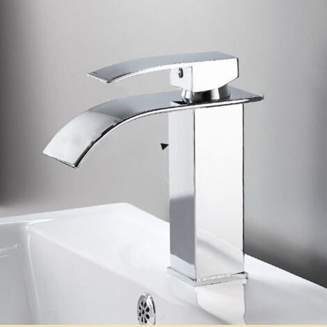 Robinets de salle de bain en acier inoxydable noir/argenté, robinet de lavabo à bouche plate et incurvée, robinet de lavabo cascade, robinets mélangeurs d'eau froide et chaude