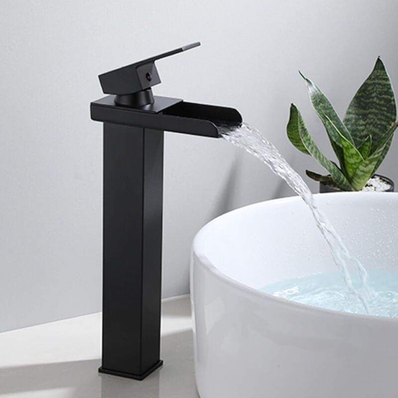 Tonchean - Robinets de salle de bain Mélangeur Cascade Noir, Mitigeur Lavabo Salle de Bain, Robinet Lavabo Monotrou Cascade Mitigeur pour Lavabo