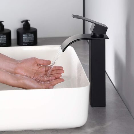 Robinets en laiton noir pour lavabo cascade - Mitigeur bec haut salle de bain moderne