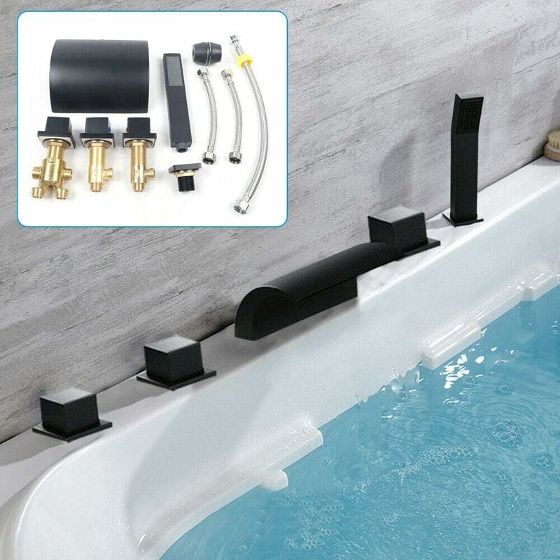Robinetterie de baignoire à 5 trous en laiton noir avec douchette à main Cascade Robinet Salle de Bain Mitigeur de Baignoire avec Douchette Set de