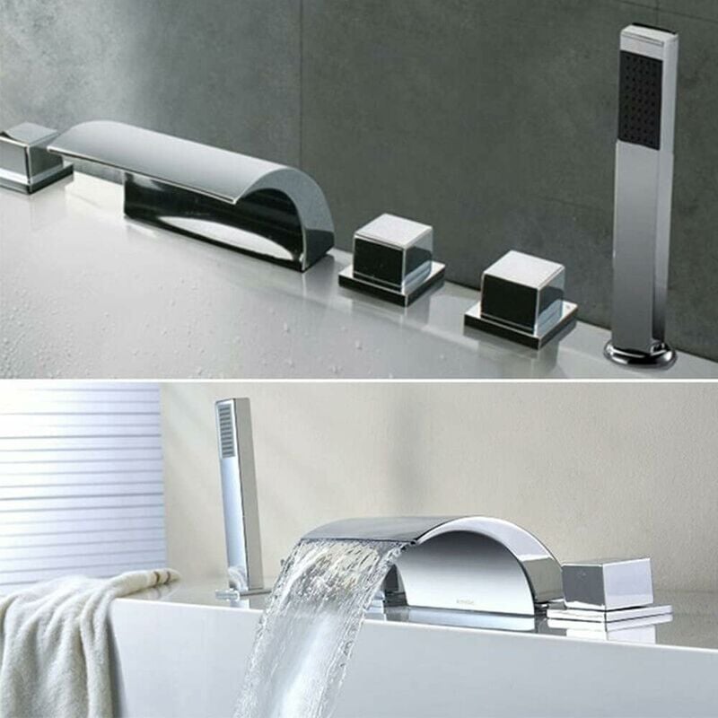 Robinetterie de baignoire avec douchette à main cascade en laiton chromé 5 trous 1/2' Robinet de baignoire et de douche pour salle de bain