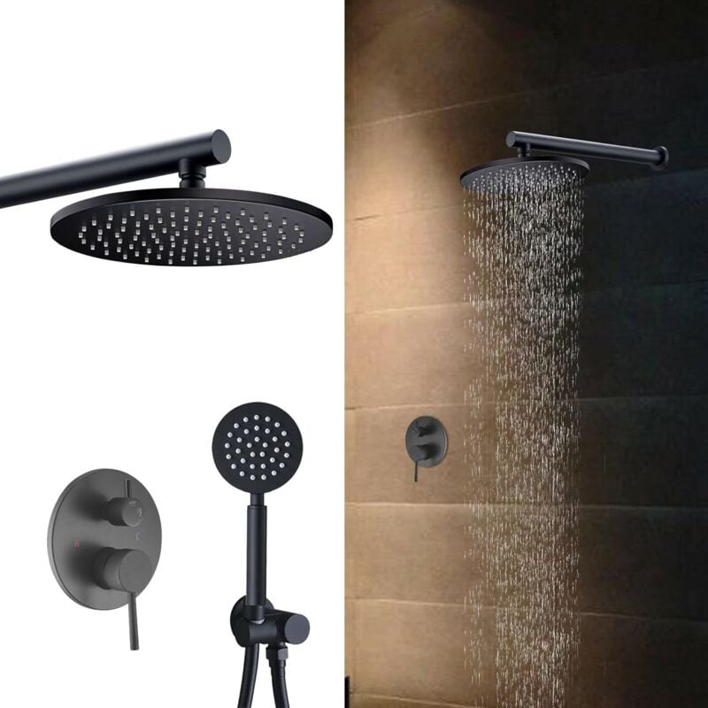 Gojoy - Robinetterie de douche encastrée noire 10' avec douchette à effet pluie et pommeau de douche
