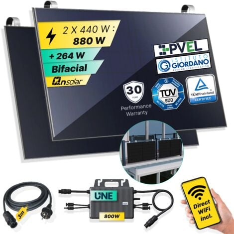 ROBINSUN®️ Kit Solar Enchufable Performance Balcony 880Wp, 2 paneles QN 440Wp +1 Microinversor 800W con Wifi incluído+Cable 3m+ 2 Fijaciones SolarHook