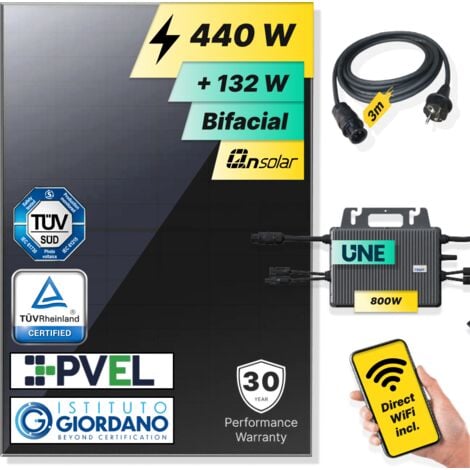 ROBINSUN®️ Kit Solar Enchufable Performance Basic (Sin Fijación) 440Wp, 1 panel QN 440Wp + 1 Microinversor 800W con Wifi incluído + Cable 3m