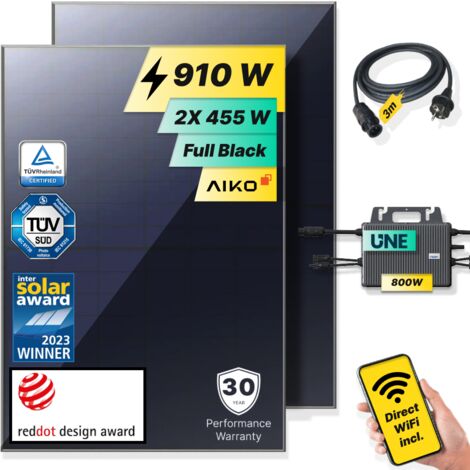 ROBINSUN®️ Kit Solar Enchufable Performance Basic (Sin Fijación) 910 Wp, 2 paneles Aiko 455Wp + 1 Microinversor 800W con Wifi incluído + Cable 3m