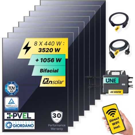 ROBINSUN®️ Kit Solar Enchufable Performance Basic (Sin Fijaciones) 3.520Wp, 8 paneles QN 440Wp + 4 Microinversores 800W con Wifi incluído + Cable 3m