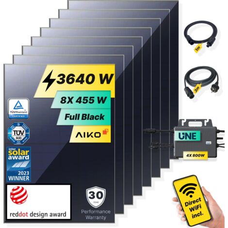 ROBINSUN®️ Kit Solar Enchufable Performance Basic (Sin Fijaciones) 3.640Wp, 8 paneles Aiko 455Wp + 4 Microinversores 800W con Wifi incluído + Cable 3m