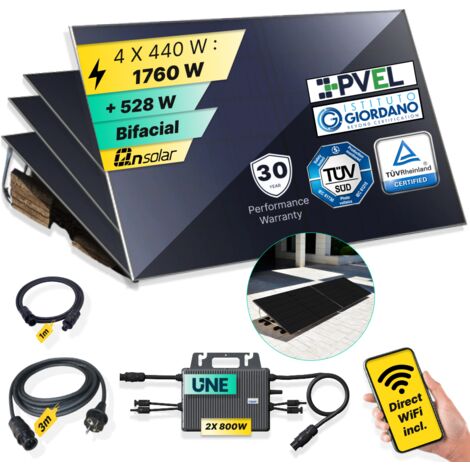 ROBINSUN®️ Kit Solar Enchufable Performance Flat 1.760Wp, 4 paneles QN 440Wp + 2 Microinversores 800W con Wifi incluído + Cable 3m + 4 Fijaciones 20º