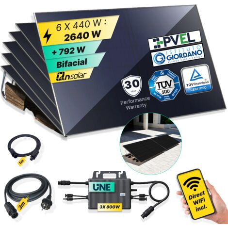ROBINSUN®️ Kit Solar Enchufable Performance Flat 2.640Wp, 6 paneles QN 440Wp + 3 Microinversores 800W con Wifi incluído + Cable 3m + 6 Fijaciones 20º