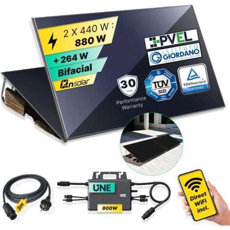 ROBINSUN®️ Kit Solar Enchufable Performance Flat 880Wp, 2 paneles QN 440Wp + 1 Microinversor 800W con Wifi incluído + Cable 3m + 2 Fijaciones 20º