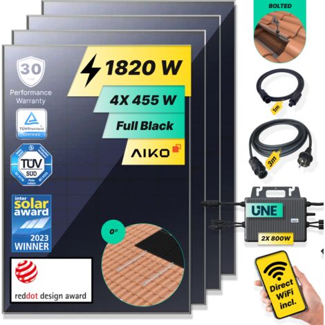 ROBINSUN®️ Kit Solar Enchufable Performance Roof 1.820Wp, 4 paneles Aiko 455Wp+2 Microinversores 800W Wifi incluído+Cable 3m+4 Fijaciones Atornillado
