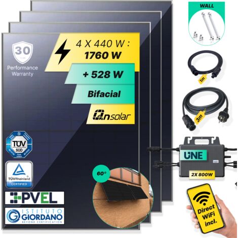 ROBINSUN®️ Kit Solar Enchufable Performance Wall 1.760Wp, 4 paneles QN 440Wp +2 Microinversores 800W con Wifi incluído +Cable 3m +4 Fijaciones 60º