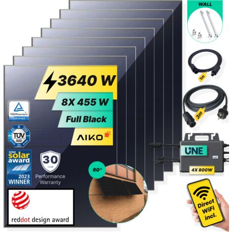 ROBINSUN®️ Kit Solar Enchufable Performance Wall 3.640Wp, 8 paneles Aiko 455Wp +4 Microinversores 800W con Wifi incluído +Cable 3m+8 Fijaciones 60º