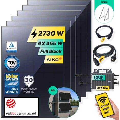 ROBINSUN®️ Kit Solar Enchufable Performance Wall-60 2.730Wp, 6 paneles Aiko 455Wp+ 3 Microinversores 800W con Wifi incluído+Cable 3m +6 Fijaciones 60º