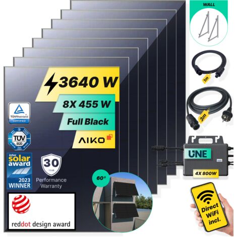ROBINSUN®️ Kit Solar Enchufable Performance Wall-60 3.640Wp, 8 paneles Aiko 455Wp +4 Microinversores 800W con Wifi incluído +Cable 3m+8 Fijaciones 60º