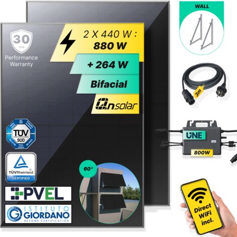 ROBINSUN®️ Kit Solar Enchufable Performance Wall-60 880 Wp, 2 paneles QN 440Wp + 1 Microinversor 800W con Wifi incluído + Cable 3m + 2 Fijaciones 60º