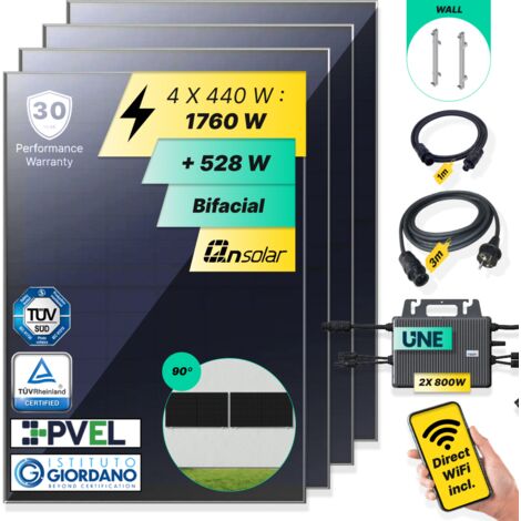 ROBINSUN®️ Kit Solar Enchufable Performance Wall-90 1.760Wp, 4 paneles QN 440Wp+ 2 Microinversores 800W con Wifi incluído+ Cable 3m+ 4 Fijaciones 90º