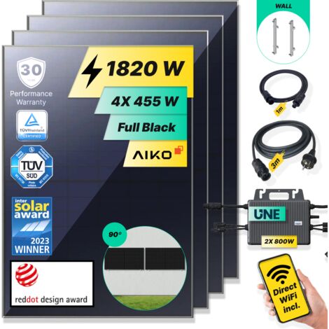 ROBINSUN®️ Kit Solar Enchufable Performance Wall-90 1.820Wp, 4 paneles Aiko 455Wp +2 Microinversores 800W con Wifi incluído +Cable 3m+4 Fijaciones 90º