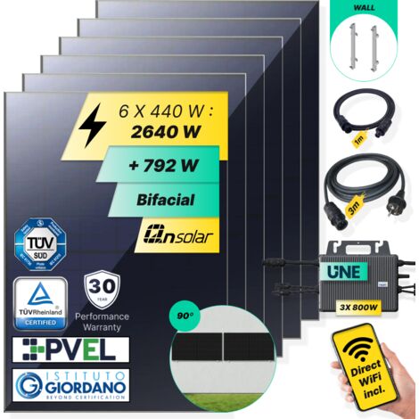 ROBINSUN®️ Kit Solar Enchufable Performance Wall-90 2.640Wp, 6 paneles QN 440Wp + 3 Microinversores 800W con Wifi incluído +Cable 3m +6 Fijaciones 90º