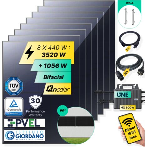 ROBINSUN®️ Kit Solar Enchufable Performance Wall-90 3.520Wp, 8 paneles QN 440Wp +4 Microinversores 800W con Wifi incluído +Cable 3m + 8 Fijaciones 90º