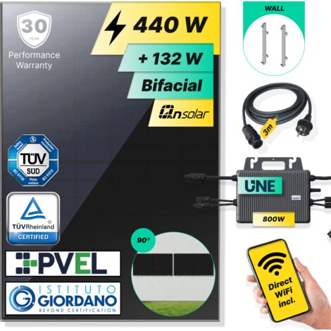 ROBINSUN®️ Kit Solar Enchufable Performance Wall-90 440Wp, 1 panel QN 440Wp + 1 Microinversor 800W con Wifi incluído + Cable 3m + 1 Fijación 90º