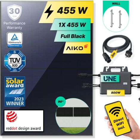 ROBINSUN®️ Kit Solar Enchufable Performance Wall-90 455Wp, 1 panel Aiko 455Wp + 1 Microinversor 800W con Wifi incluído + Cable 3m + 1 Fijación 90º