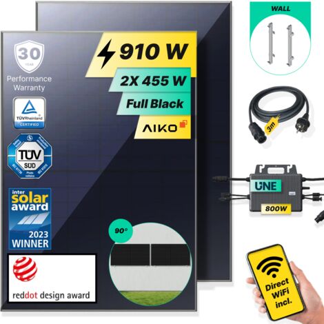ROBINSUN®️ Kit Solar Enchufable Performance Wall-90 910Wp, 2 paneles Aiko 455Wp + 1 Microinversor 800W con Wifi incluído +Cable 3m + 2 Fijaciones 90º