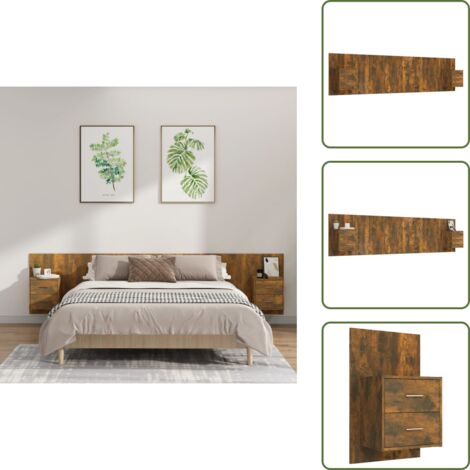 Roble ahumado - vidaXL Cabecero de cama y mesitas madera contrachapada roble ahumado - Diseño clásico