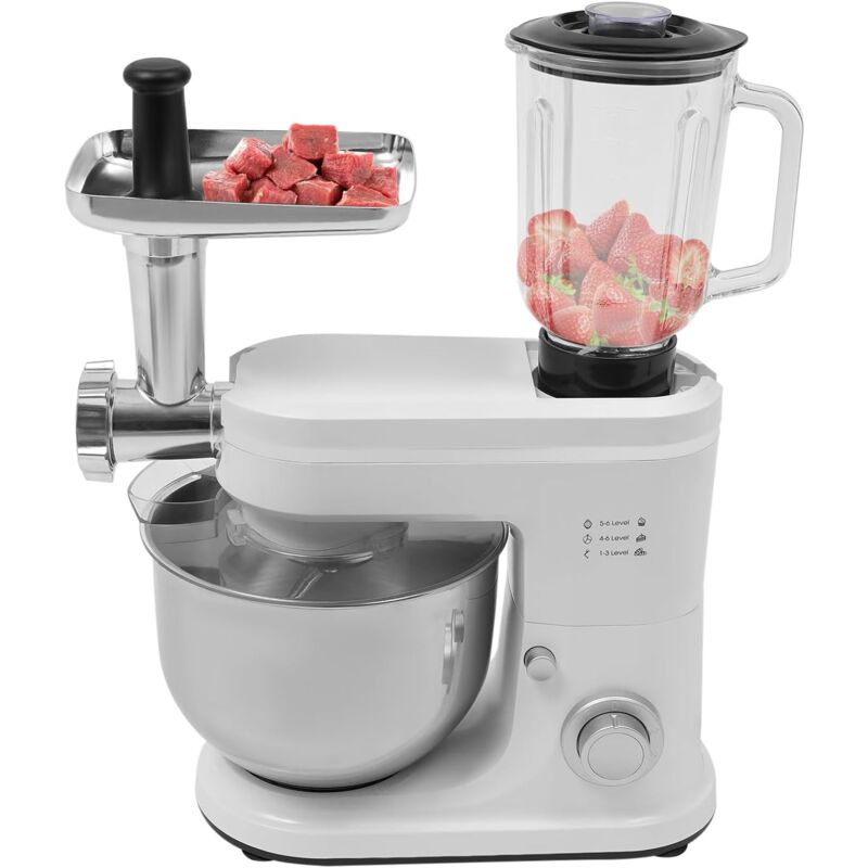 Robot de cuisine avec hachoir à viande, mélangeur universel 3 en 1, mixeur multifonction avec fouet, récipient à jus, protection anti-éclaboussures