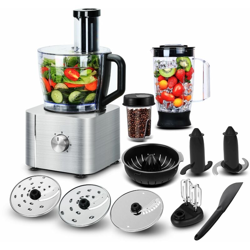 Robot multifonction SNDOAS 1100W Robot de cuisine 3.2L-11 en 1 -Batteur -Mixeur-Extrateur de jus- Argent -Classe énergétique A+++ - Silver