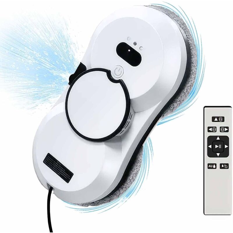 Robot Nettoyeur de Vitre, Robot Laveur de Vitre Automatique avec Pulvérisation d'eau, Corde de sécurité, télécommande et 10 Chiffons de Nettoyage,