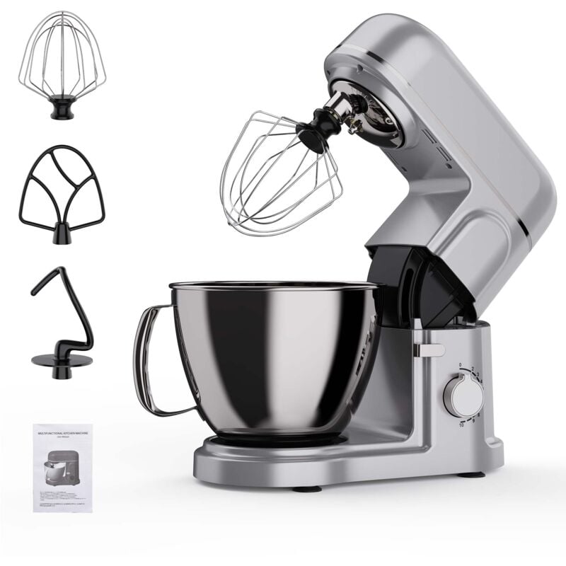 Robot pâtissier 3 en 1, Batteur sur socle, mixeur multifonction 2000 w avec bol en acier inoxydable de 5 litres, 10 niveaux réglables – Argenté