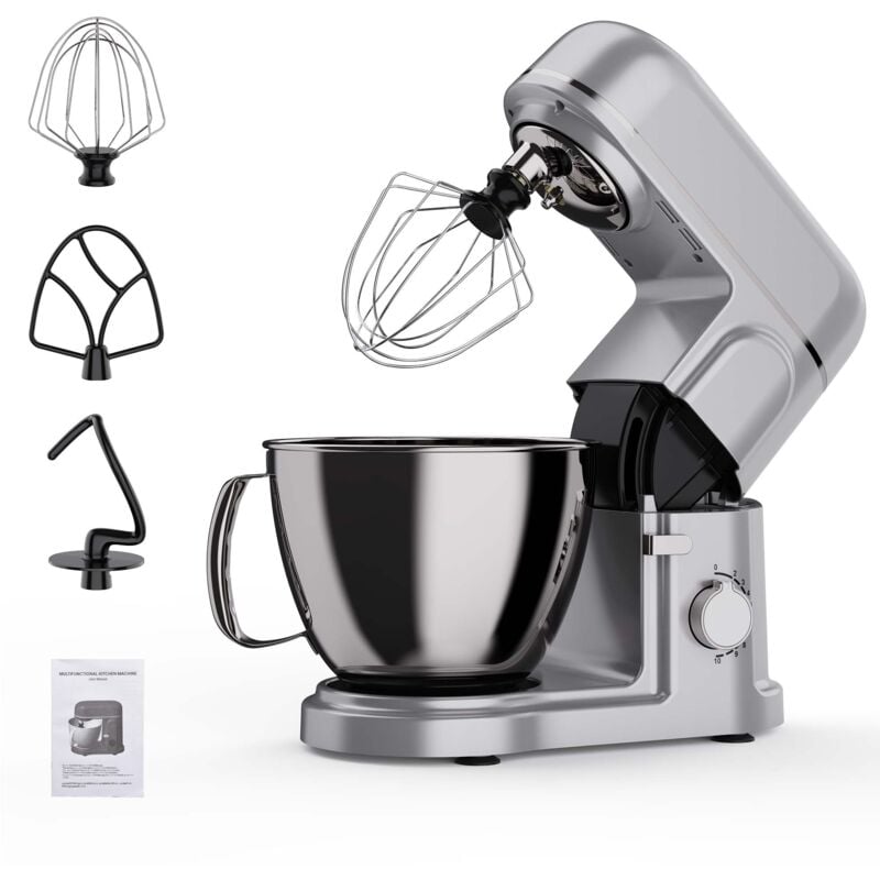 Robot Pâtissier Multifonction 1000W, 5L, réglage 10 niveaux, accessoires multifonctions, facile à nettoyer, silencieux - Gris