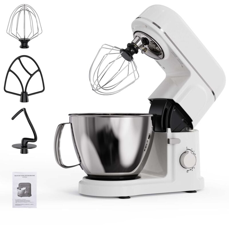 Robot Pâtissier Professionnel 2000W laiteux Robot de Cuisine Multifonction avec Fouet, Batteur, Crochet Avec 1 Bols d'Acier Inoxydable 10 Vitesses
