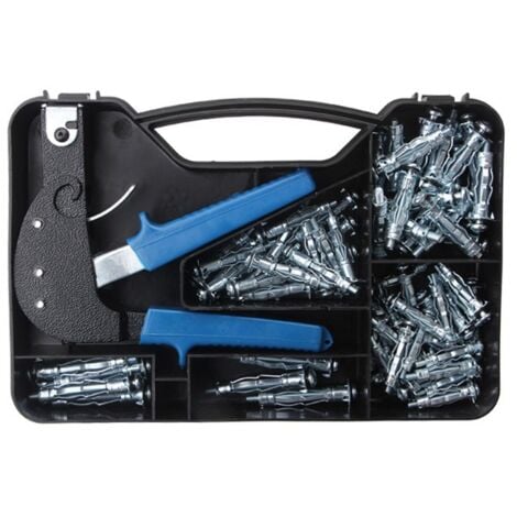 Robust metal wall anchor set with hollow drive Molly bolts for plasterboard fixing