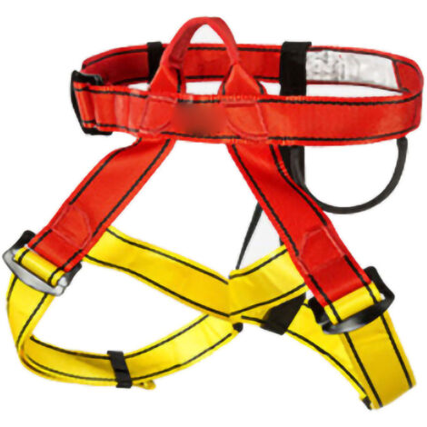 Robuster Klettersicherheitsgurt für Wandern und Bergsteigen, Lendenwirbelschutz in großer Höhe in Rot und Gelb.