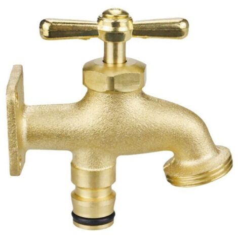 Robuster Messing-Außenwasserhahn mit Adapter, ¾" BSP-Gewinde, einfache Montage an Pfosten oder Holzwänden.