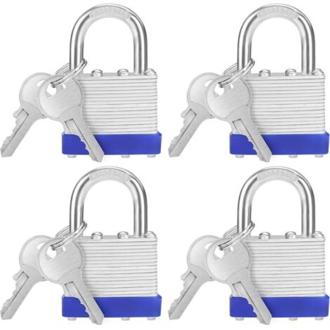 Robustes, gewalztes Stahl-Vorhängeschloss mit 2 Schlüsseln (4er-Set) – 6 mm Bügel – 6,5 x 4,3 x 2,5 cm – Wetterfestes Vorhängeschloss für den Innen- und Außenbereich, geeignet für Garagen und Spinde