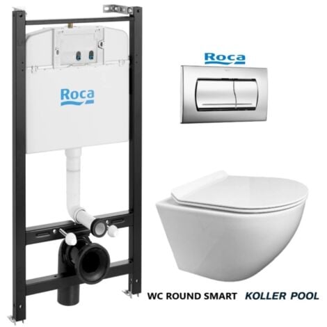 ROCA Active pack cisterna empotrada y pulsador Cromo brillo con inodoro suspendido ROUND de KP blanco Tapa Fina