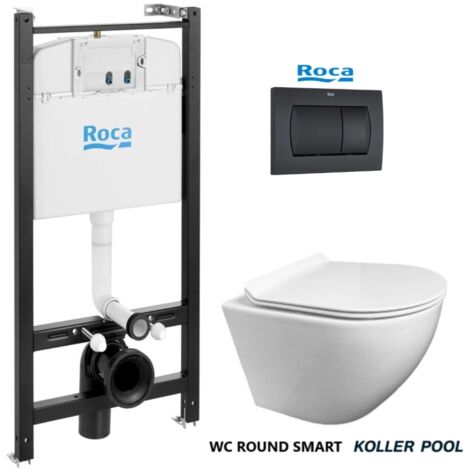 ROCA Active pack cisterna empotrada y pulsador Negro Mate con inodoro suspendido ROUND de KP blanco Tapa fina