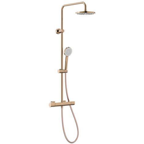 Roca – Colonne de douche thermostatique ronde – Finition or rose – Pomme de douche circulaire avec 2 sorties – Système EverShine et fonction Rain