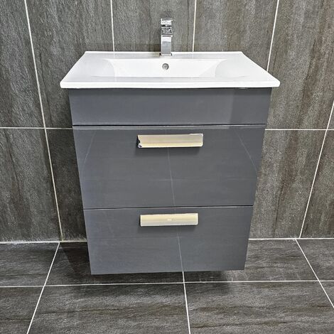 Roca Debba 600mm Wall Hung Vanity Unit Anthracite Grey Gloss with Ceramic Basin, Without Tap